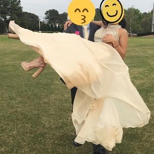 Gold / Beige Bling Halter Formal Prom Dress Gown